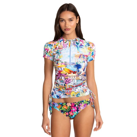 Johnny Was Cannes Drawstring Surf Shirt Short Swim Rash Guard White Blue Top NEW - Picture 3 of 8